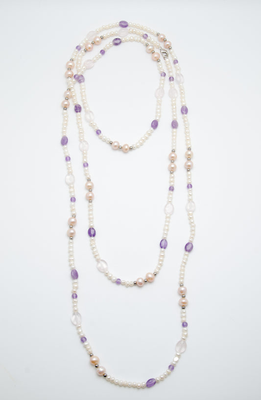 Colier: perle, ametist, cuarț