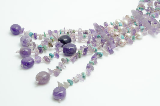 Colier: ametist, turcoaz, perle