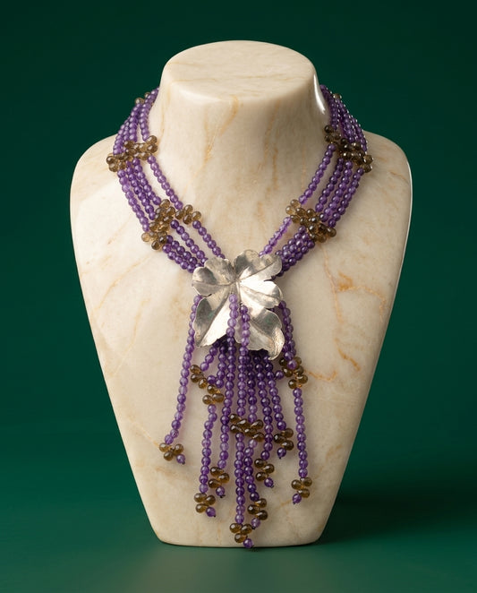 Colier din ametist violet și topaz albastru montat în argint, 57 cm — bust